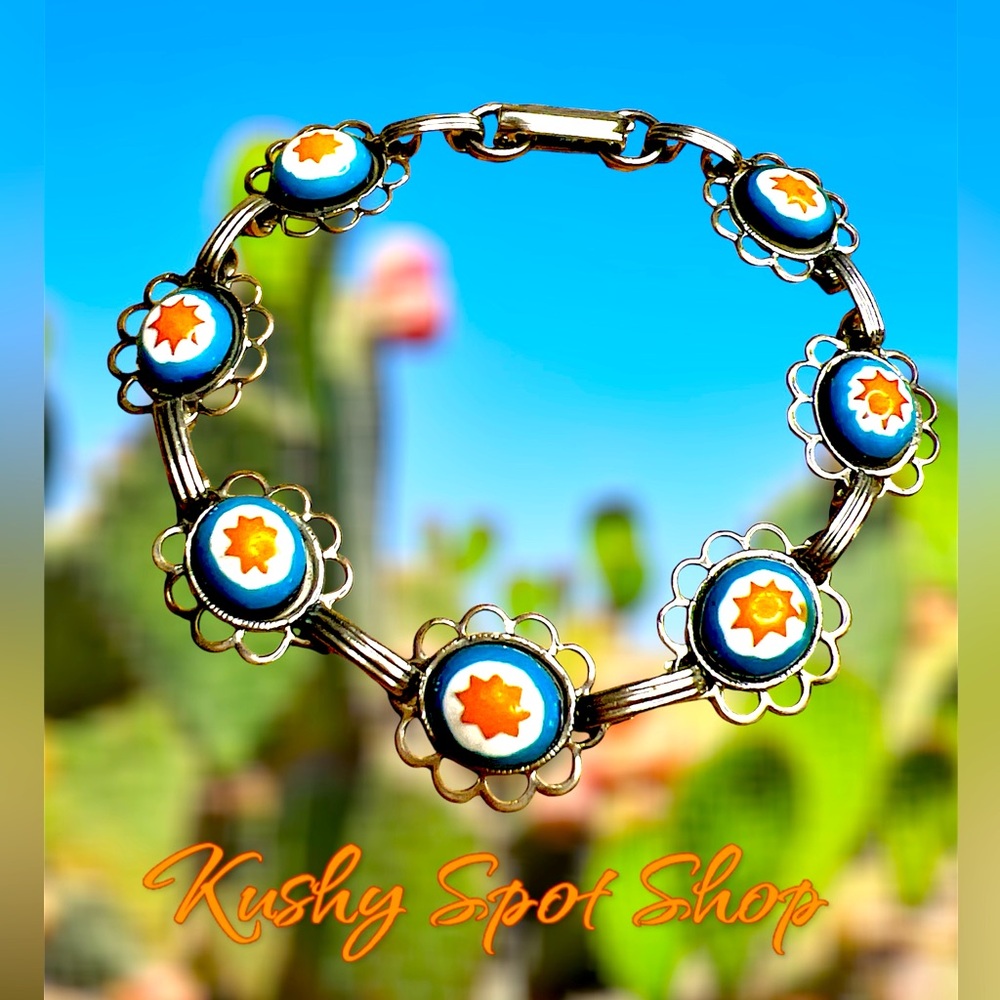 Vintage ✨🤠⭐️Southwestern Style Ceramic Star⭐️ Floral Bead Silvertone Bracelet